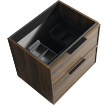 Waschtischunterschrank aus Holz mit zwei Schubladen und integrierten Ordnungsboxen von oben betrachtet.