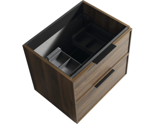 Waschtischunterschrank aus Holz mit zwei Schubladen und integrierten Ordnungsboxen von oben betrachtet.