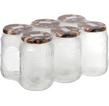 Set mit sechs Einmachgläsern aus Glas mit Deckeln mit Fruchtmotiv in Folienverpackung