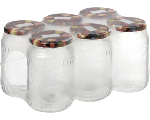 Set mit sechs Einmachgläsern aus Glas mit Deckeln mit Fruchtmotiv in Folienverpackung