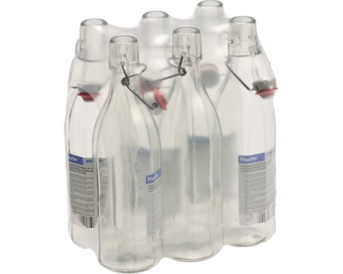 Set aus sechs Glasflaschen mit Bügelverschluss in Folienverpackung
