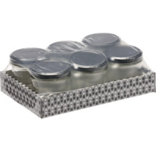 Set mit sechs Einmachgläsern mit Schraubdeckel in einer Kartonverpackung