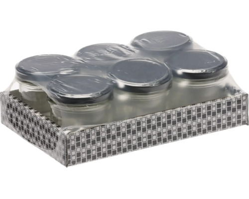 Set mit sechs Einmachgläsern mit Schraubdeckel in einer Kartonverpackung