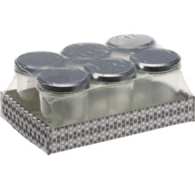 Set mit 6 Einmachgläsern aus Glas mit Deckeln in einer Pappschale