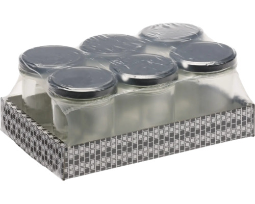 Set mit 6 Einmachgläsern aus Glas mit Deckeln in einer Pappschale