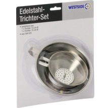 Edelstahl Trichter Set von Westside bestehend aus zwei Trichtern mit zehn und fünfzehn Zentimeter Durchmesser und Siebeinsatz in Verpackung.
