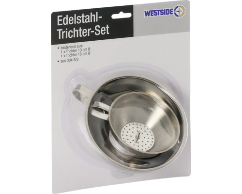 Edelstahl Trichter Set von Westside bestehend aus zwei Trichtern mit zehn und fünfzehn Zentimeter Durchmesser und Siebeinsatz in Verpackung.