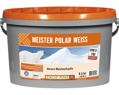 Eimer Meister Polar Weiss Wandfarbe 5 Liter für 30 bis 40 Quadratmeter mit Hornbach Logo