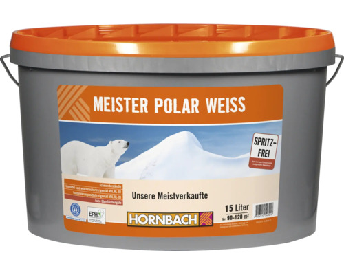 Eimer mit Meister Polar Weiss Wandfarbe 15 Liter von Hornbach für 90 bis 120 Quadratmeter spritzfrei