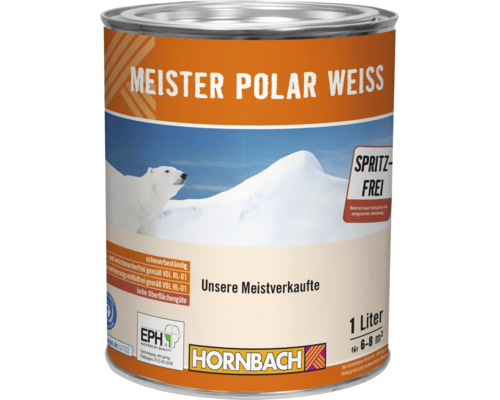 Dose Meister Polar Weiss Wandfarbe 1 Liter für spritzfreies Streichen im Innenbereich mit Hornbach Logo