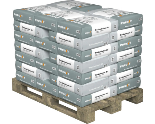 Palette mit 40 Kilogramm Sackware Precit Trockenbeton 30 für Betonarbeiten.