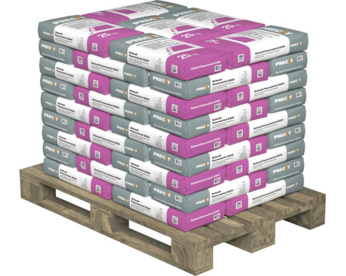 Eine Palette mit Schnellfaserestrich E300 in 25 Kilogramm Säcken gestapelt.