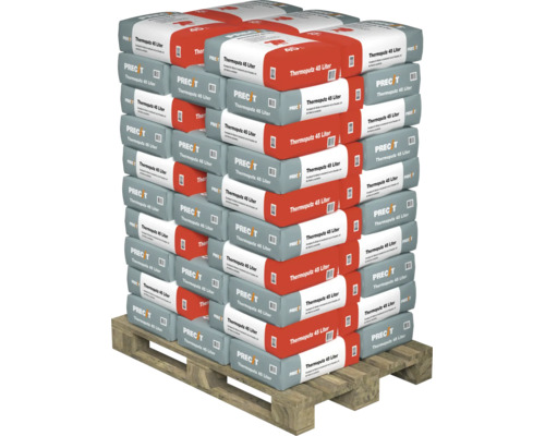 Eine Euro-Palette beladen mit zahlreichen Säcken Precit Thermoputz mit je 45 Liter Inhalt für den Innenbereich und für Fassaden.