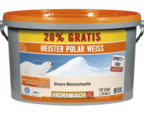 Eimer Meister Polar Weiss Innenfarbe 12 Liter mit 20 Prozent gratis Inhalt spritzfrei für 72 bis 96 Quadratmeter