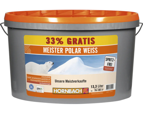 Eimer mit Meister Polar Weiss Wandfarbe 13,3 Liter mit 33 Prozent gratis Inhalt und Hornbach Logo.