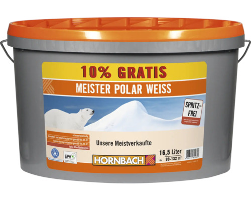 Meister Polar Weiss Wandfarbe in 16,5 Liter Eimer mit 10 Prozent gratis Inhalt für 99 bis 132 Quadratmeter von Hornbach.