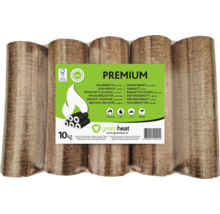 Eine Packung Premium Holzbriketts mit Loch von Greenheat mit zehn Kilogramm Gewicht, geeignet für Kamine und Öfen.