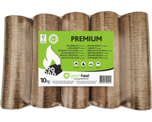 Eine Packung Premium Holzbriketts mit Loch von Greenheat mit zehn Kilogramm Gewicht, geeignet für Kamine und Öfen.