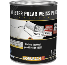 Eine Dose Meister Polar Weiss Plus Wandfarbe mit Darstellung einer Farbrolle und einem Eisbären, inklusive Hornbach Logo.