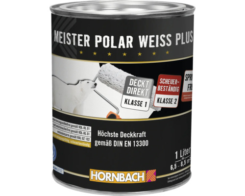 Eine Dose Meister Polar Weiss Plus Wandfarbe mit Darstellung einer Farbrolle und einem Eisbären, inklusive Hornbach Logo.