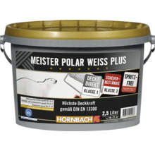 Eimer mit Meister Polar Weiss Plus Wandfarbe, 2,5 Liter, für hohe Deckkraft, scheuerbeständig und spritzfrei, inklusive Hornbach Logo.