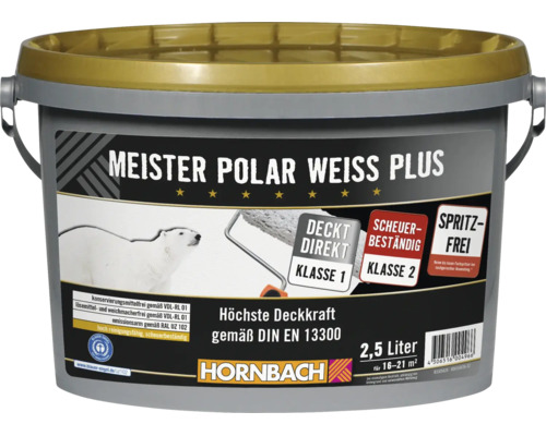 Eimer mit Meister Polar Weiss Plus Wandfarbe, 2,5 Liter, für hohe Deckkraft, scheuerbeständig und spritzfrei, inklusive Hornbach Logo.