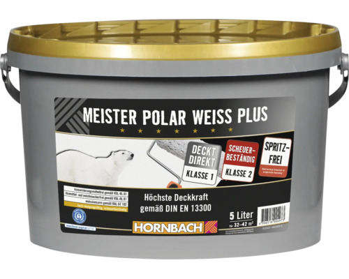 Meister Polar Weiss Plus Wandfarbe, 5 Liter Eimer, hochdeckende Innenfarbe mit Blauer Engel Zertifizierung.