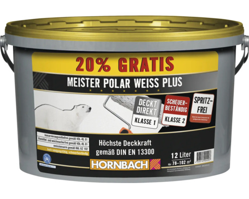 Eimer Meister Polar Weiss Plus Wandfarbe mit 12 Litern Inhalt für 78 bis 102 Quadratmeter Reichweite mit Blauer Engel Zertifizierung