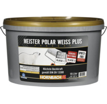 Eimer mit 15 Liter Meister Polar Weiss Plus Wandfarbe für hohe Deckkraft, scheuerbeständig und spritzfrei.