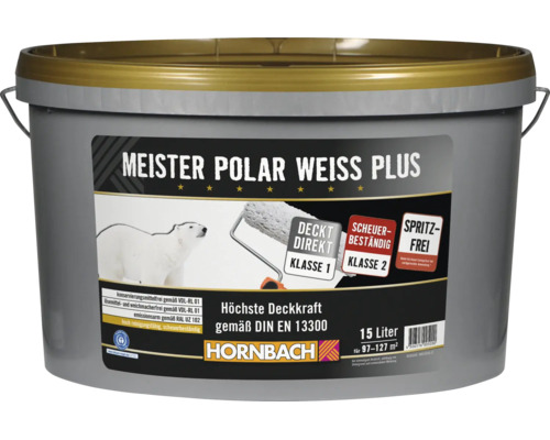 Eimer mit 15 Liter Meister Polar Weiss Plus Wandfarbe für hohe Deckkraft, scheuerbeständig und spritzfrei.