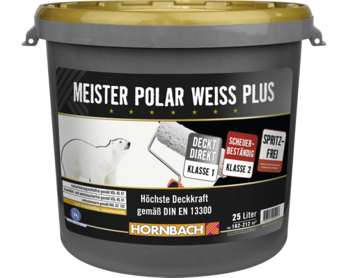 Eimer Meister Polar Weiss Plus Wandfarbe, 25 Liter, hochdeckend, scheuerbeständig, emissionsarm, Hornbach Eigenmarke.