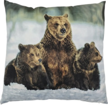 Zierkissen mit Druckmotiv einer Bärenmutter mit zwei Bärenjungen im Schnee