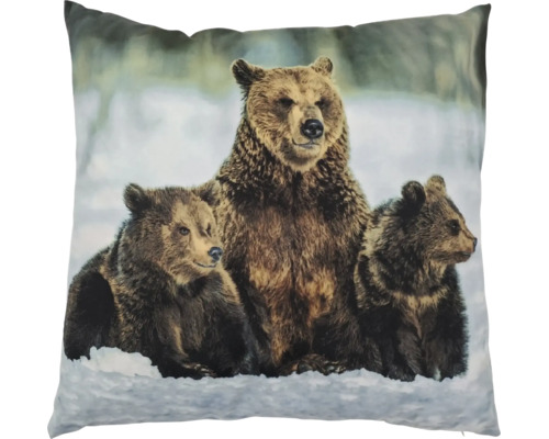 Zierkissen mit Druckmotiv einer Bärenmutter mit zwei Bärenjungen im Schnee