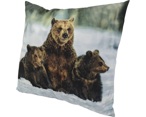Quadratisches Dekokissen mit Motiv einer Bärenfamilie im Schnee als Zierkissen für den Wohnbereich