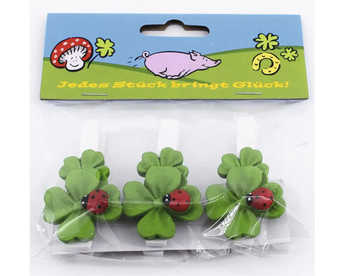 Drei Deko-Holzklammern mit Kleeblatt und Marienkäfer Motiv in Verpackung