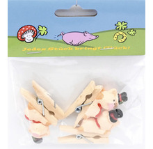 Set mit Deko Holzklammern in Schweinchenform in Kunststoffverpackung mit Glückssymbolen auf dem Aufhänger