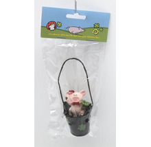 Glücksbringer Schwein im Eimer mit Kleeblatt und Marienkäfer