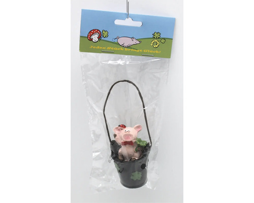 Glücksbringer Schwein im Eimer mit Kleeblatt und Marienkäfer