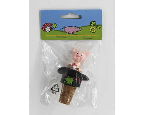 Flaschenverschluss mit Schweinchen und Glückspilz auf Zylinder in einer Kunststoffverpackung