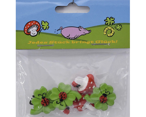 Glücksbringer Set mit Marienkäfer auf Kleeblatt und Fliegenpilz als Dekoartikel in Plastikverpackung