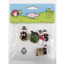 Set mit vier Glücksbringern aus Keramik, dargestellt als Schornsteinfeger mit Fliegenpilz und Hufeisen, in einer Verpackung.