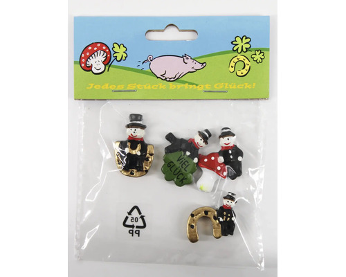 Set mit vier Glücksbringern aus Keramik, dargestellt als Schornsteinfeger mit Fliegenpilz und Hufeisen, in einer Verpackung.