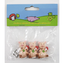 Drei kleine Glücksschweinchen Figuren aus Kunststoff in einer Verpackung mit der Aufschrift Jedes Stück bringt Glück