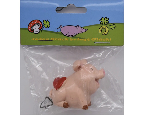 Glücksschwein Figur mit rotem Herz auf dem Rücken in transparenter Verpackung