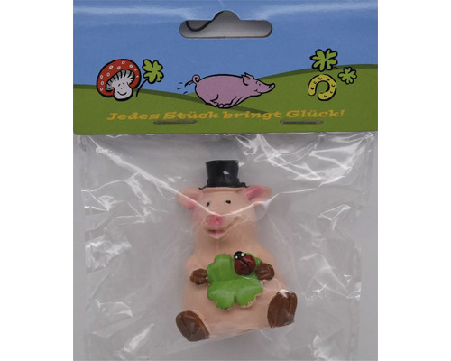 Glücksschwein Figur mit Zylinder und Kleeblatt in Kunststoffverpackung