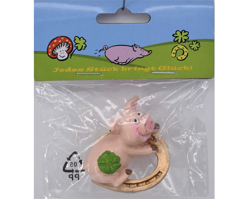 Glücksschwein mit Hufeisen und Kleeblatt in Kunststoffverpackung als Dekofigur