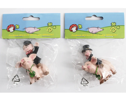 Zwei Kunststoff Glücksschweine mit Schornsteinfeger als Dekofiguren in transparenter Verpackung