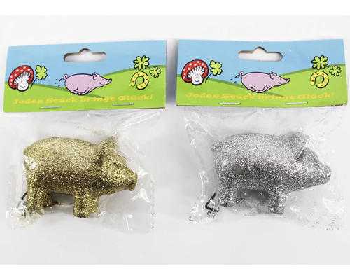 Zwei Schweinchen als Glücksbringer mit Glitteroberfläche in Kunststoffverpackung