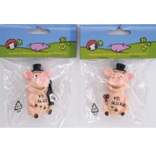 Zwei kleine Glücksschweine aus Kunststoff als Dekofiguren mit Zylinder und Aufschrift Viel Glück in Plastikverpackung