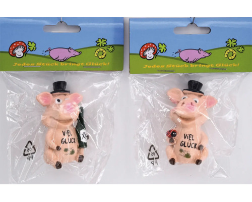 Zwei kleine Glücksschweine aus Kunststoff als Dekofiguren mit Zylinder und Aufschrift Viel Glück in Plastikverpackung